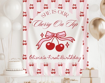 Cherry on Top Birthday Decorations, Cherry Coquette Birthday Backdrop, Cherry Bow Birthday Party Sign, Hand Drawn Cherry Birthday Banner
