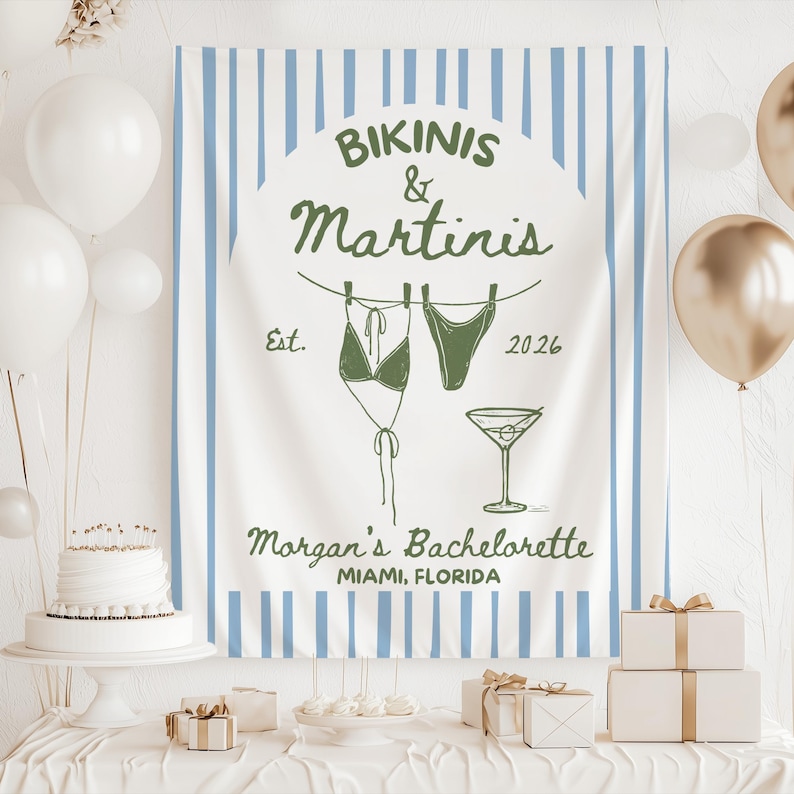 Beach bachelorette banner bikinis and martinis custom party backdrop