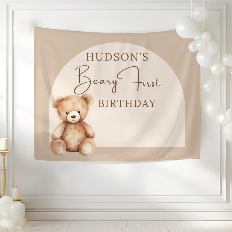 Neutral teddy bear birthday banner
