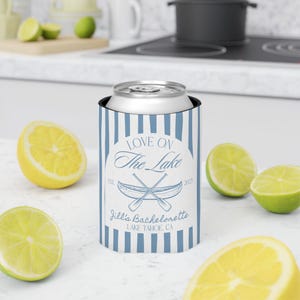 Lake themed bridal party favors custom Love on the Lake can coolers