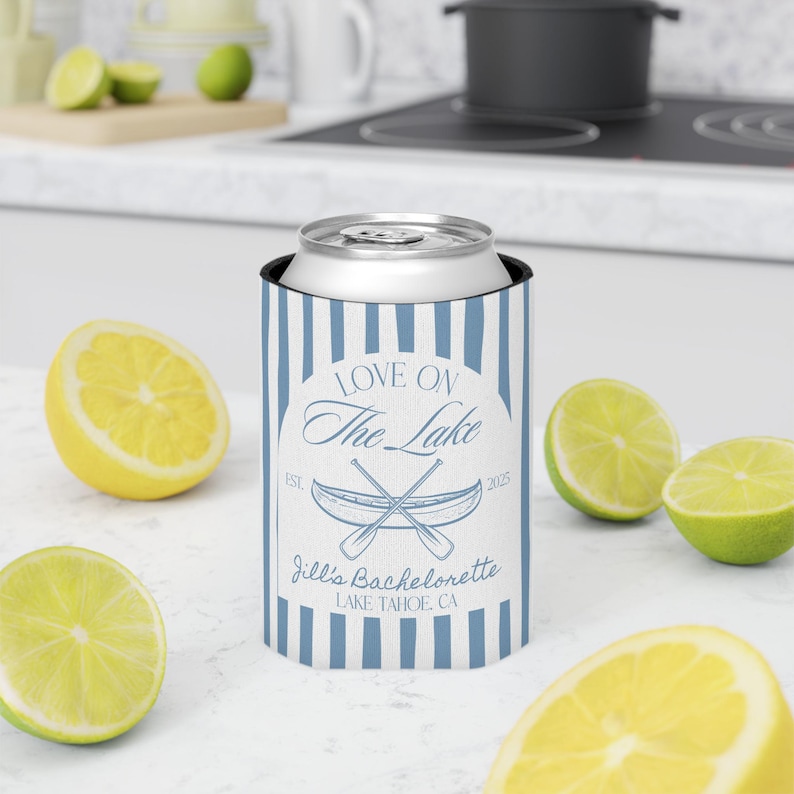 Lake themed bridal party favors custom Love on the Lake can coolers