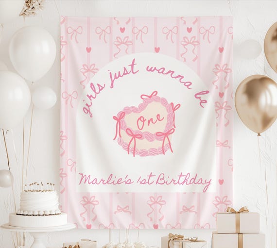 Girls Just Wanna Be ONE Birthday Decor, Coquette 1st Birthday Backdrop, Personalized Bow 1st Birthday Banner, Retro Cake 1st Birthday Sign