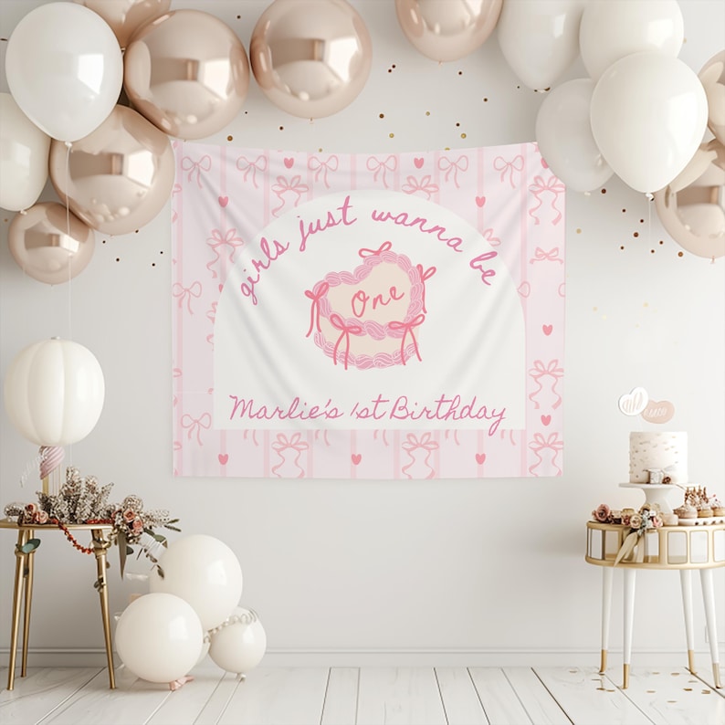 Personalized Bow 1st Birthday Banner for Girls Birthday Party