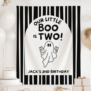 Our Little Boo is Turning TWO Boy Banner, Our Little Boo is Two Decorations, Halloween 2nd Birthday Welcome Sign, Ghost Birthday Banner