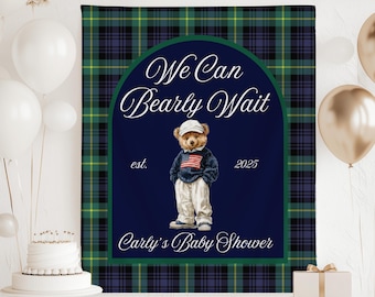 Banner per baby shower "We Can Bearly Wait" Banner per baby shower "Polo Bear" Cartello per baby shower a quadri blu navy e verde scuro Cartello per baby shower "Vintage Teddy Bear"