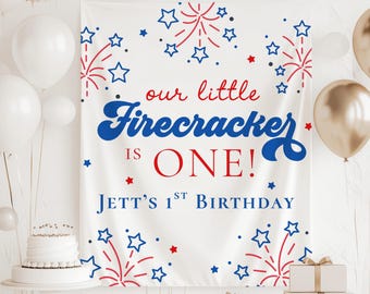 Nuestro pequeño petardo cumple un año, pancarta de cumpleaños de Little Firecracker, letrero de cumpleaños del 4 de julio, pancarta patriótica para el primer cumpleaños