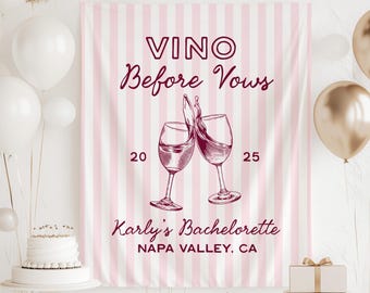 Banner "Vino Before Vows", sfondo per addio al nubilato in cantina, decorazioni per addio al nubilato a tema vino, cartello per festa di addio al nubilato in vigna