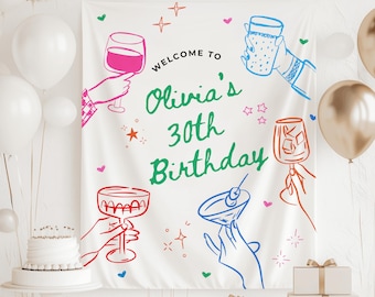 30th Birthday Banner, ANY AGE Doodle Birthday Banner, Milestone Birthday Banner, Hand Drawn Birthday Sign, 30th Birthday Decorations for Her