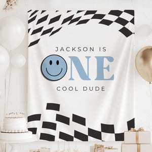ONE Cool Dude Birthday Banner, One Cool Dude Birthday Decor, Retro First Birthday Photo Backdrop, One Happy Dude Banner Checkered Backdrop