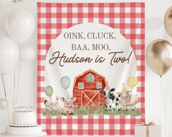 Sfondo per il secondo compleanno con animali da fattoria, cartello per il compleanno Oink Cluck Baa Moo, decorazioni personalizzate per il secondo compleanno, decorazioni per il secondo compleanno in fattoria