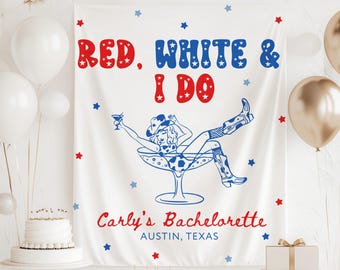 Rood wit en ik doe banner, rood wit en ik doe cowgirl, 4 juli vrijgezellenfeest achtergrond, Memorial Day vrijgezellenfeest, Americana vrijgezellenfeest