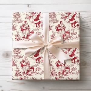 Vintage Christmas Wrapping Paper, Winter Wrapping Paper, Red Toile de Jouy Wrap, Santa Wrapping Paper Roll, Vintage Christmas