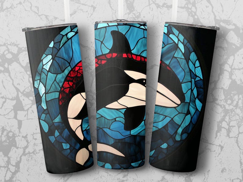 Stained Glass Whale 20 Oz Tumbler Wrap PNG, Ocean Animal PNG, Unique