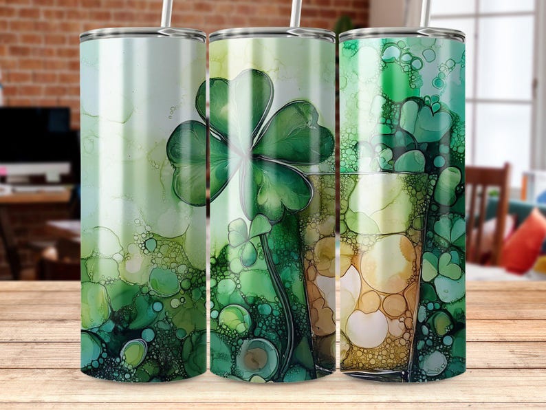 Alcohol Ink Shamrock Clover 20 Oz Tumbler Wrap, Png St Patricks Day