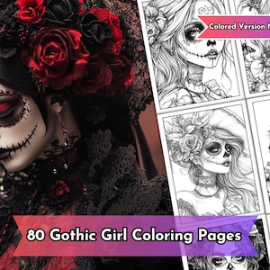 80 Gothic Girl Coloring Spooky Halloween Printable Goth Woman Creepy Women Coloring Pages Horror Day of the Dead Coloring Book Adults & Kids