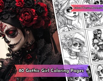 80 páginas para colorear de chicas góticas, espeluznantes dibujos de Halloween para imprimir, mujeres góticas, espeluznantes dibujos para colorear, día de los muertos, libro para colorear para adultos y niños