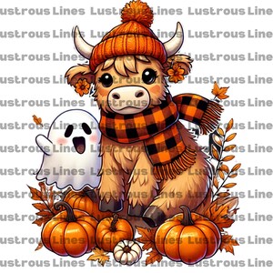 Halloween Cute highland cow fall ghost PNG, Spooky season autumn cow shirt PNG, Halloween pumpkin spice PNG, Ghost sublimation digital