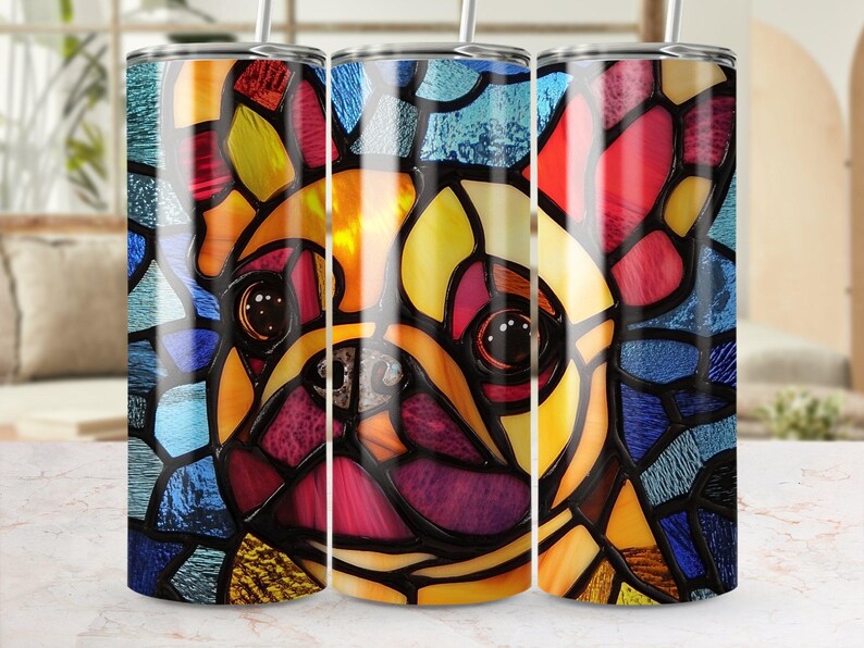 Colorful Stained Glass French Bulldog 20 Oz Tumbler Wrap, Unique French