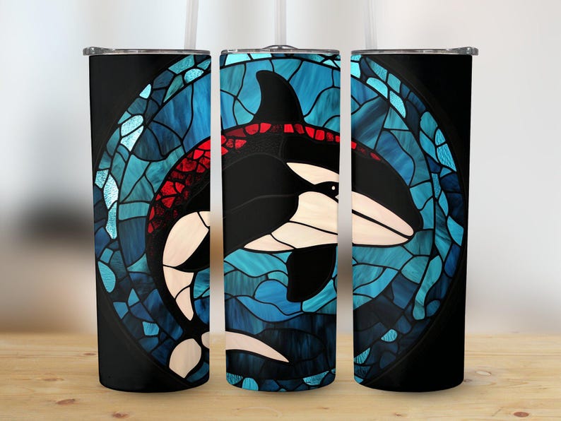 Stained Glass Whale 20 Oz Tumbler Wrap PNG, Ocean Animal PNG, Unique