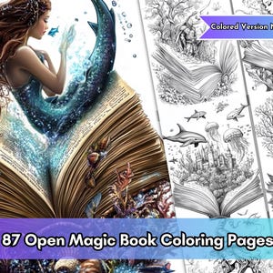 87 Offene Zauberbuch Ausmalseiten, Magische Verzauberte Märchenbücher Malbuch, Meerjungfrau, Hexe Fantasie Graustufen Erwachsene & Kinder Print Pdf
