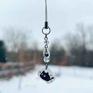 黒猫 - 黒と白の手作り携帯チャーム