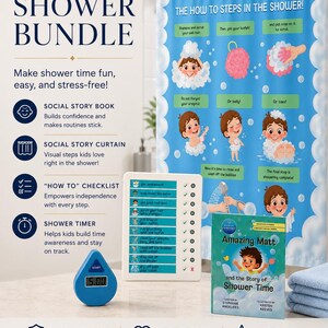 May include: A shower bundle with a blue shower curtain, a checklist, a timer, and a book titled "Amazing Matt and the Story of Shower Time." The curtain illustrates shower steps. The timer displays "5.00". The bundle aims to make shower time fun.