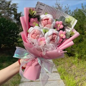 10 KINDS voller Größe | Häkelblumenstrauß, Häkelblumen, Abschlussgeschenk, Freundin, grad, Geburtstag, eingewickelte Rose Sonnenblume Tulpe Lilie