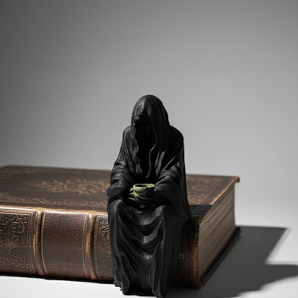 Grim Reaper Bookshelf Decor with Teacup | Dark Fantasy Reading Figurine | Gothic Bookish Shelf Sculpture