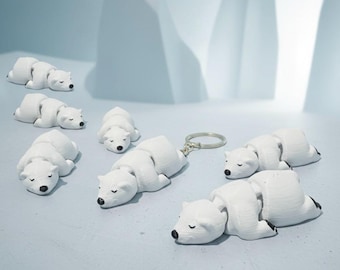 Porte-clés ours polaire endormi – Porte-clés ours imprimé en 3D, cadeau animal minimaliste