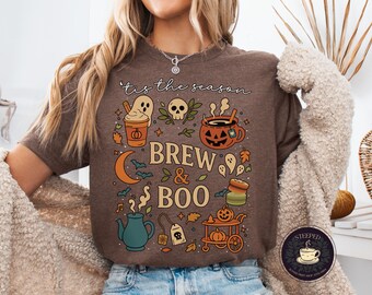 Maglietta di Halloween "Tis the Season to Brew & Boo", Halloween vintage, Strega del tè, Fantasma carino, Maglietta fantasma, Maglietta fantasma di Halloween, Magliette di Halloween