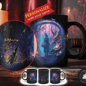 May include: Black ceramic mug featuring a witch walking through a mystical forest scene with a pumpkin. The mug includes the text "Personalize with your name". A smaller image shows a broom and the name "Bethany".