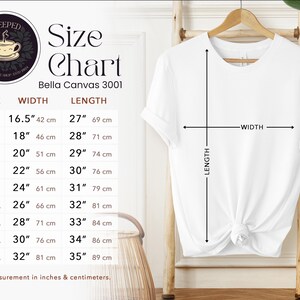 May include: Size chart for Bella Canvas 3001 t-shirts, showing measurements in inches and centimeters for sizes XS to 5XL. The chart includes width and length measurements for each size.