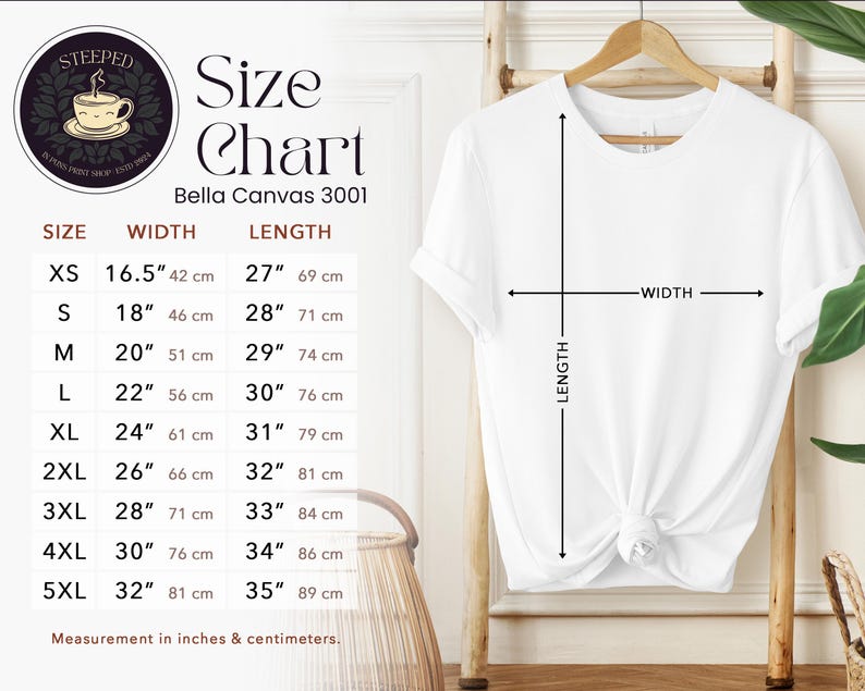 May include: Size chart for Bella Canvas 3001 t-shirts, showing measurements in inches and centimeters for sizes XS to 5XL. The chart includes width and length measurements for each size.
