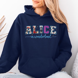 Alice in Wonderland Hoodie, Trendy &#39;Embroidery Look&#39; with Patterns from Alice&#39;s Adventures including the Cheshire Cat - Perfect Alice Fans