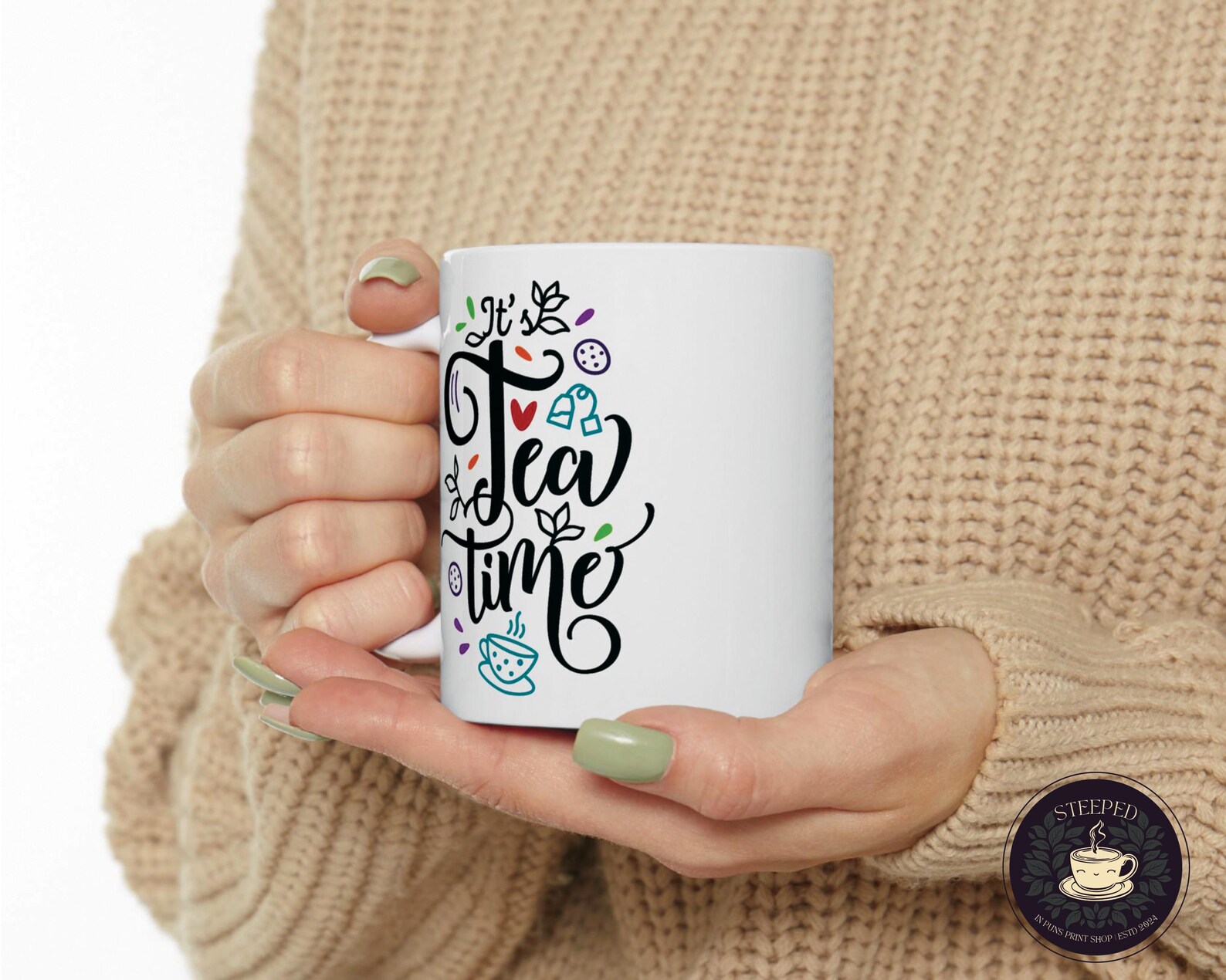 It's Tea Time Ceramic Mug (11oz & 15oz), Whimsical Colorful Design for ...