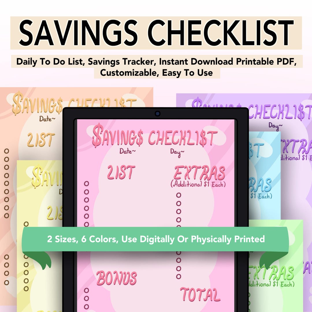 Saving Checklist.pdf Savings Checklist - Printable Daily Financial to Do List, 6 Colors, 2 ...