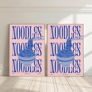 Noodles digital art poster. Fun  pink noodle poster art. Contemporary food wall art poster. Modern kitchen poster download printable,