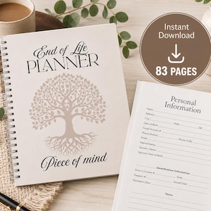 May include: A spiral-bound End of Life Planner with a beige cover featuring a tree illustration and the text Piece of mind. An open page displays a Personal Information form with fields for name, address, and identification details. An 83 pages icon.