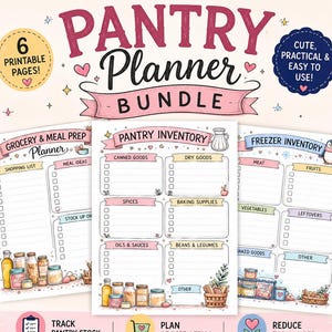Pode incluir: Um conjunto de planeamento de despensa com seis páginas imprimíveis com ilustrações de alimentos e recipientes. As páginas incluem cabeçalhos para preparação de refeições, inventário de despensa e inventário de congelador com caixas.