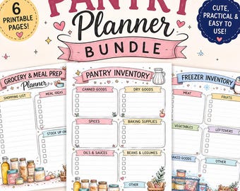 May include: A pantry planner bundle featuring six printable pages with illustrations of food items and containers. The pages include headers for Grocery & Meal Prep, Pantry Inventory, and Freezer Inventory with checkboxes and sections for tracking food.