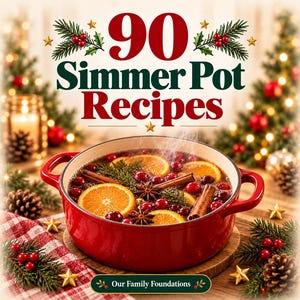 May include: A red enameled cast iron pot filled with orange slices, cranberries, cinnamon sticks, and star anise. The text reads 90 Simmer Pot Recipes and Our Family Foundations. The pot is surrounded by pine branches, pinecones, and small gold stars.