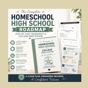 Könnte beinhalten: Ein komplettes Homeschool-Highschool-Roadmap- und College-Vorbereitungssystem. Das Buch hat einen grünen Einband mit dem Titel "The Complete Homeschool High School to College Prep System for Homeschoolers". Enthält Transkriptvorlagen, Kreditverfolgung und College-Vorbereitung.