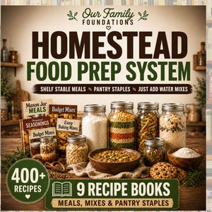 May include: A collection of nine recipe books titled Our Family Foundations Homestead Food Prep System, featuring various glass jars filled with dry pantry staples, grains, and legumes, alongside a wooden bowl of prepared food and cookies.