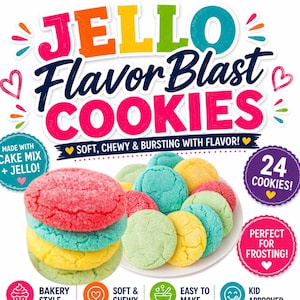 May include: A stack of four colorful cookies in pink, blue, yellow, and green sits beside a plate of similar cookies. The text reads JELLO Flavor Blast COOKIES, SOFT, CHEWY & BURSTING WITH FLAVOR!, MADE WITH CAKE MIX + JELLO!, 24 COOKIES!, and PERFECT FOR FROSTING!