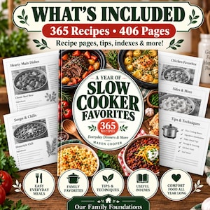 Puede incluir: Un libro de cocina titulado A Year of Slow Cooker Favorites de Mason Cooper, con 365 recetas en 406 páginas. La portada muestra fotografías de comida, mientras que las páginas circundantes presentan categorías como platos principales, sopas, chilis y pollo, junto con iconos para comidas fáciles, favoritos familiares e índices.