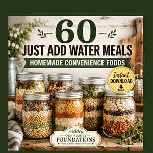 May include: A digital guide titled 60 JUST ADD WATER MEALS HOMEMADE CONVENIENCE FOODS featuring a collection of glass mason jars filled with layered dry ingredients like beans, grains, and pasta, with an Instant Download icon and branding.