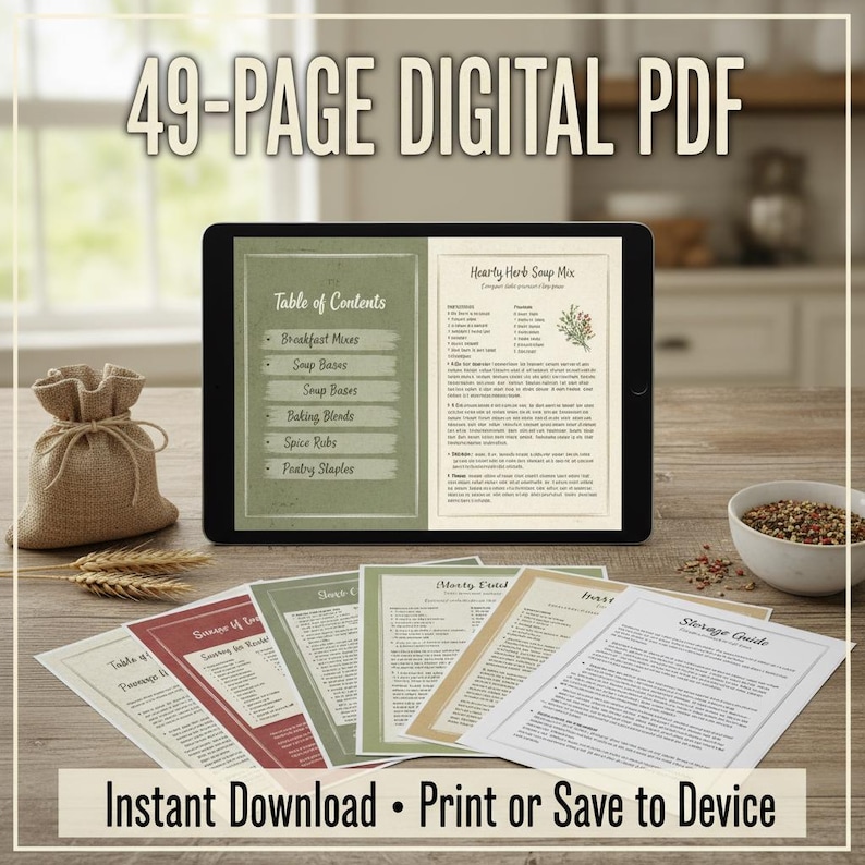 K&ouml;nnte beinhalten: Ein digitales PDF-Kochbuch mit Inhaltsverzeichnis und Rezepten, das auf einem Tablet angezeigt wird. Das Bild enth&auml;lt gedruckte Seiten, einen kleinen Jutesack und eine Sch&uuml;ssel mit Gew&uuml;rzen. Der Text auf dem Bild lautet "49-PAGE DIGITAL PDF" und "Instant Download &bull; Print or Save to Device."