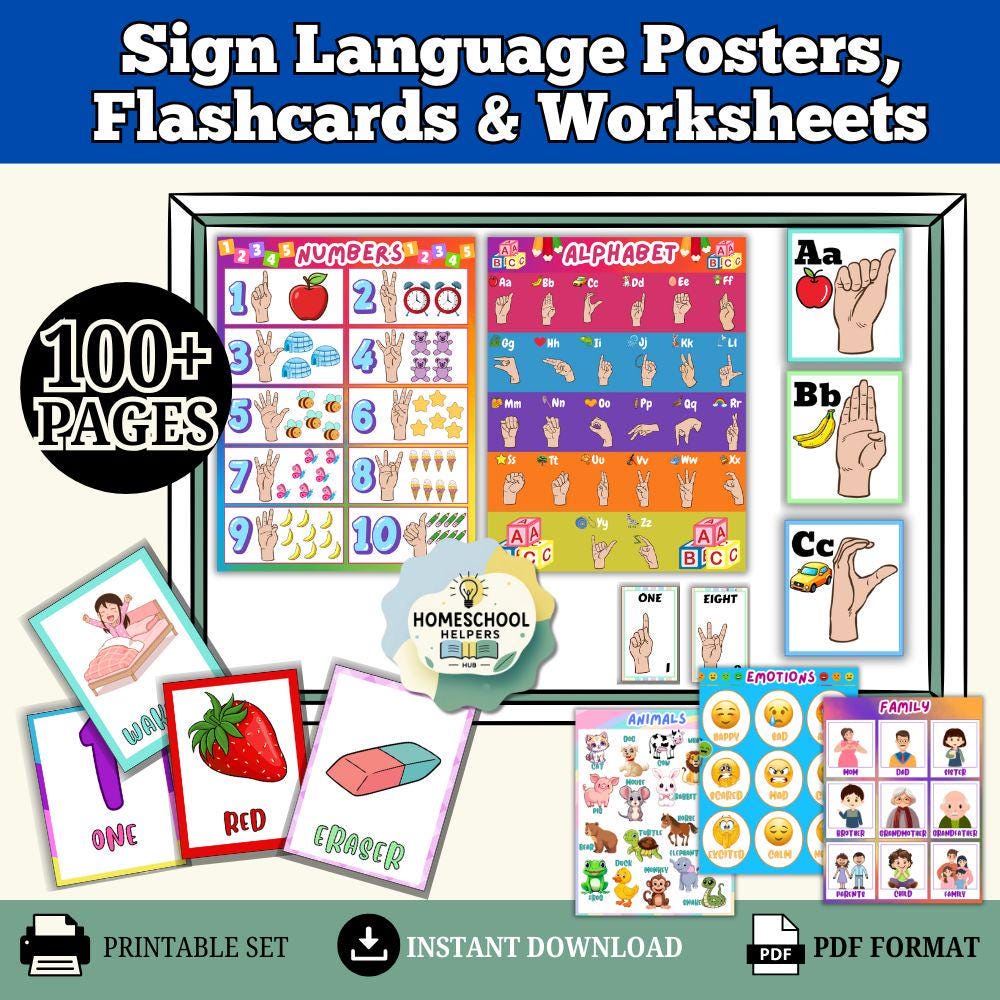 Learning Sign Language 100 Printable ASL Posters & Cards | Teaching ...