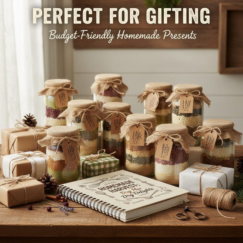 K&ouml;nnte beinhalten: Eine Anordnung von Gl&auml;sern mit geschichteten Zutaten, bedeckt mit Jute und Etiketten, umgeben von verpackten Geschenken und einem Kochbuch. Die Gl&auml;ser stehen auf einer Holzoberfl&auml;che, mit dem Text "PERFECT FOR GIFTING" oben.
