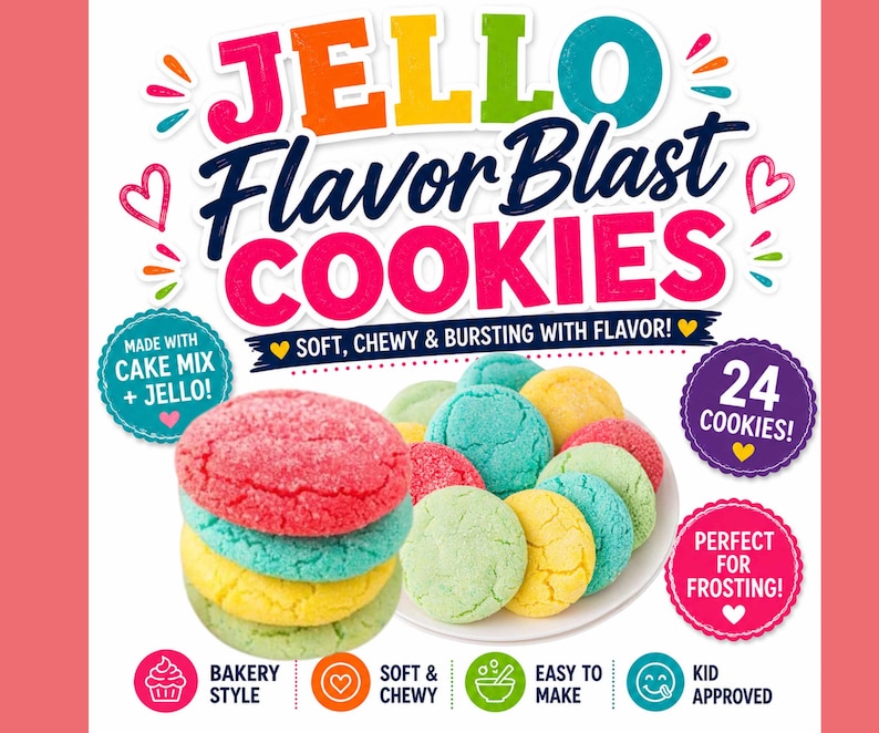 May include: A stack of four colorful cookies in pink, blue, yellow, and green sits beside a plate of similar cookies. The text reads JELLO Flavor Blast COOKIES, SOFT, CHEWY & BURSTING WITH FLAVOR!, MADE WITH CAKE MIX + JELLO!, 24 COOKIES!, and PERFECT FOR FROSTING!